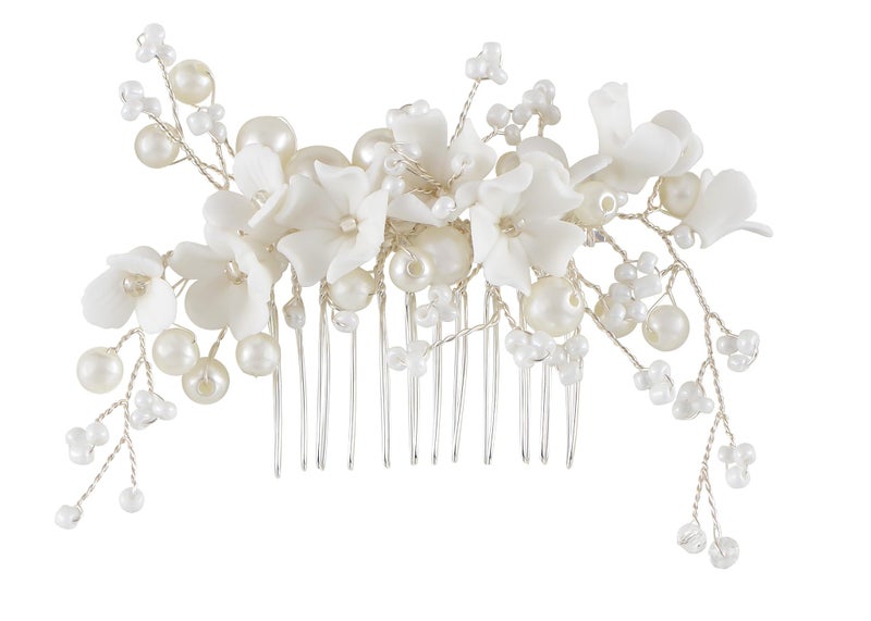 Alilang Bridal Hair Comb Faux Pearl White Flower Wedding Hair Piece Sliver Tone Hair Accessories for Women